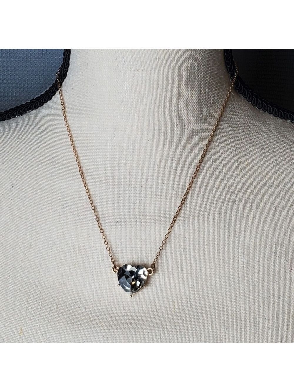 Necklace, gold chain with clear stone heart pendant, 9.25 inches